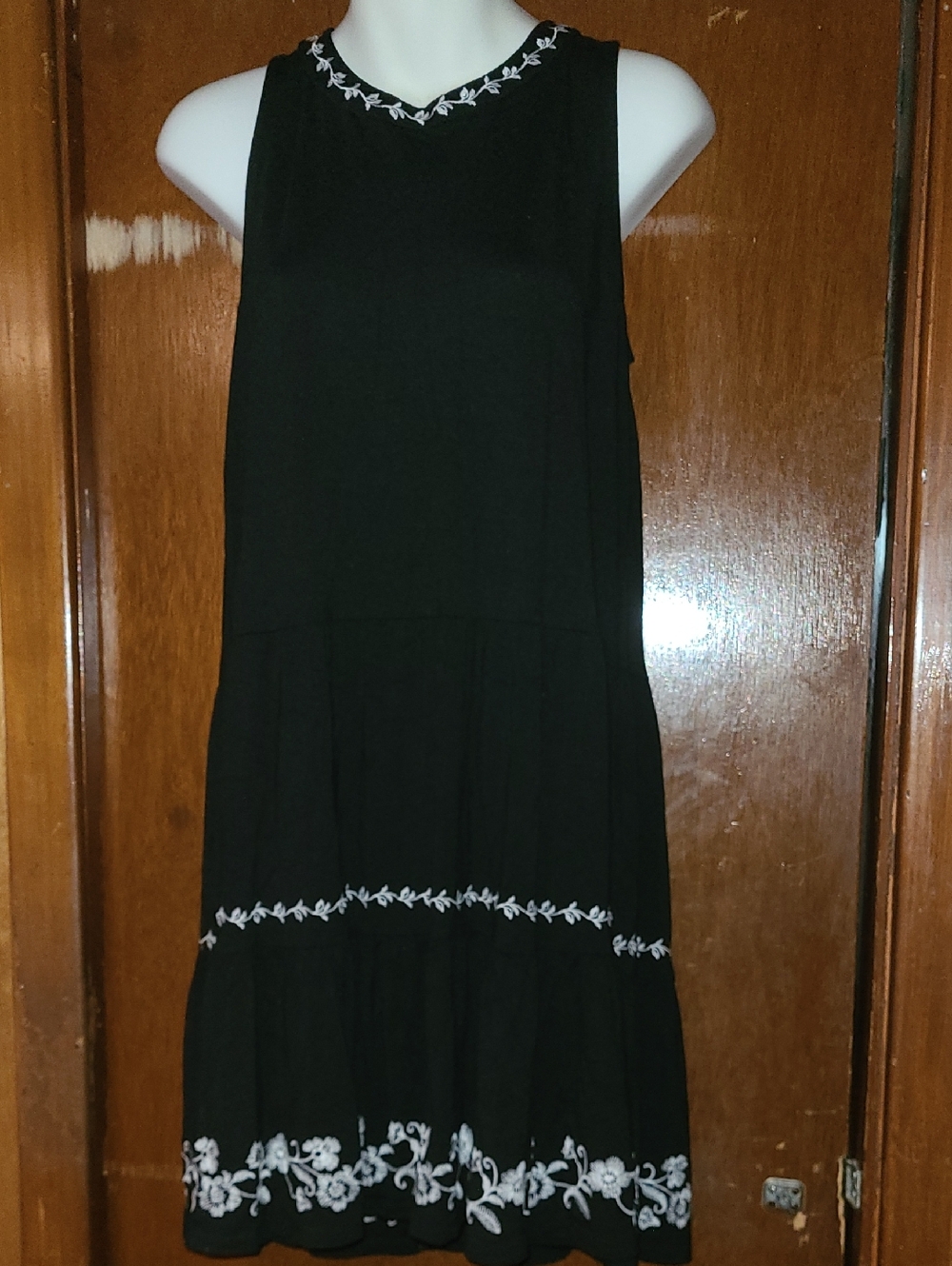 LOFT Black Sleeveless Mini Dress with White Floral Embroidery